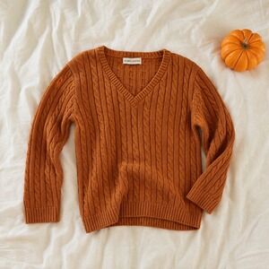 Vtg Bamboo Traders Sweater Womens S Burnt Orange Cable Knit V Neck Cabincore 90s